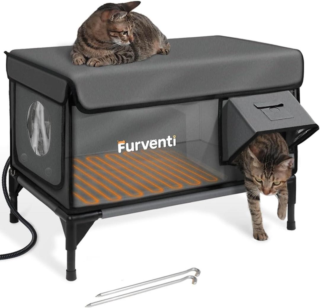 Outdoor Heated Cat House in Winter,Extremely Insulated & Weatherproof,Elevated Feral Cat Shelter with Waterproof Eaves & Escape Door for Outside Stray Barn Cat (Dark Grey,M) (23.6"L x 16.5"W x 18.5"H)
