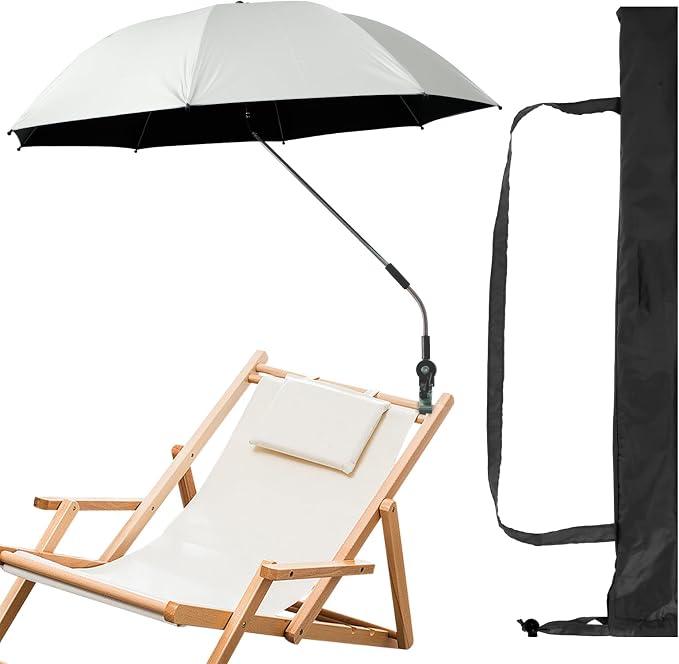 42 Inch Beach Umbrella 360° Adjustable Shade Umbrella Outdoor Umbrella with Large Opening Clip Portable Camping Chair Umbrella with Storage Bag for Beach, Camping Chair, Wheelchair