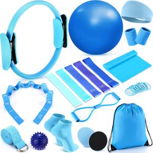 Poen 18 Pcs Home Pilates Ball and Ring Circle Set Yoga Fitness Essentials Kit with 5 Resistance Band Stretching Strap Non Slip Sock Ball Core Slider Wristband Headband Gym Bag for Women (Blue)