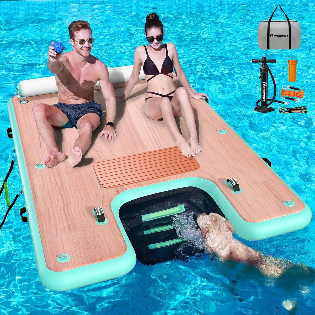 FBSPORT Inflatable Floating Dock with Boat Ramp,Non-Slip Air Dock Floating Platform with Water Ladder and Headrest, Inflatable Island Water Raft for Pool Lake Beach Ocean