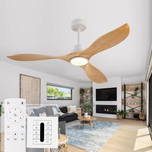52" Natural Wood Ceiling Fans with Lights and Remote, Outdoor 3 Blade Ceiling Fan with Wall Control, 6 Speed, Dimmable, Noiseless DC Motor for Patios, Bedroom, Living Room