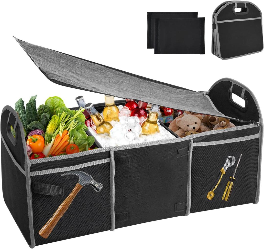 Car Trunk Organizer with Lid, Foldable Cars Storage with Cooler Bag, Collapsible Waterproof 600D Oxford Polyester Trunk Organizer Car Accessories for Suv Jeep Sedan (3 Compartments, Black)