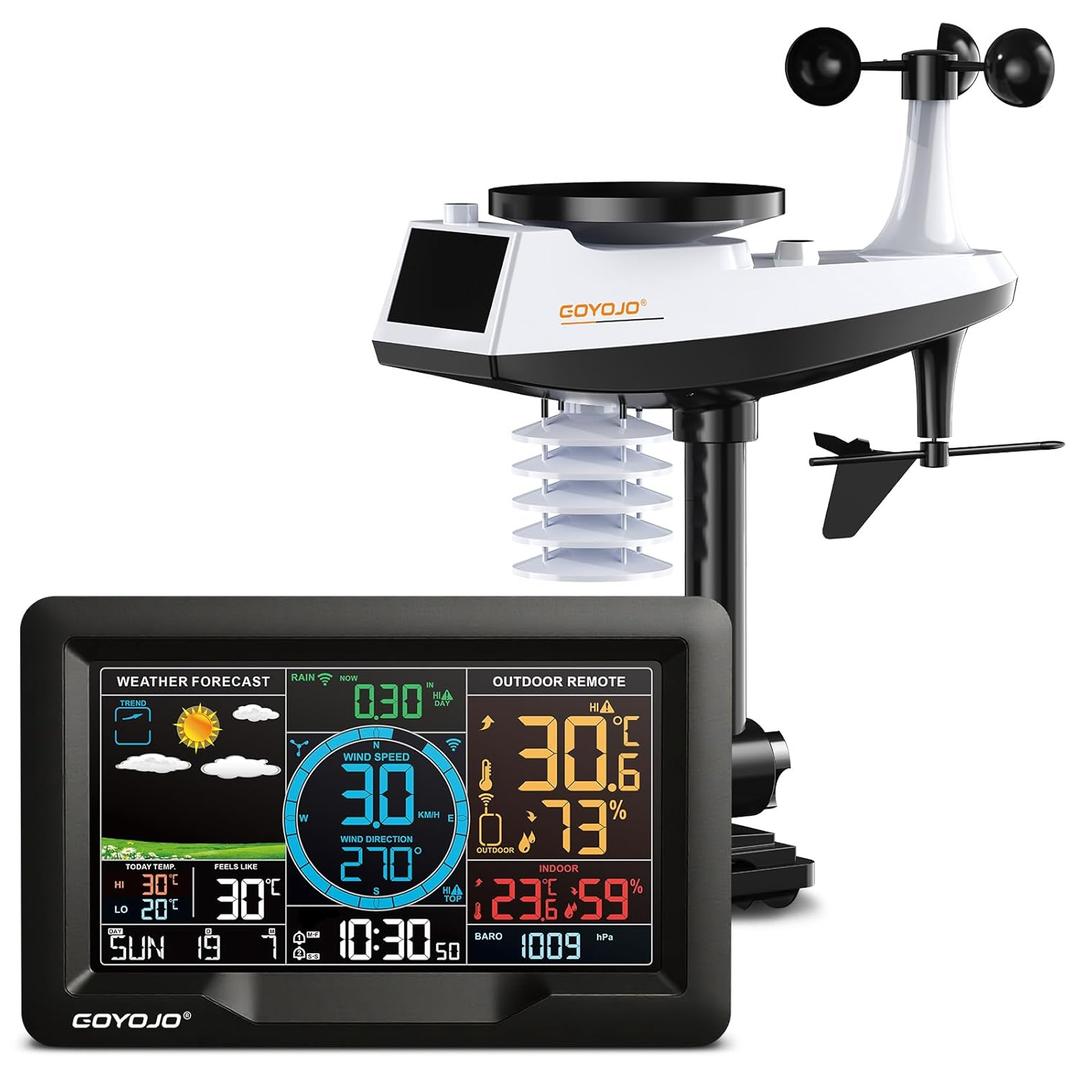 Wireless Weather Station with Color LCD Display, Temperature, Humidity, Wind Speed, Rainfall, 7 Languages, USB Charging, 3-Channel Sensors, 433.92MHz Signal (No WiFi) (5-1)