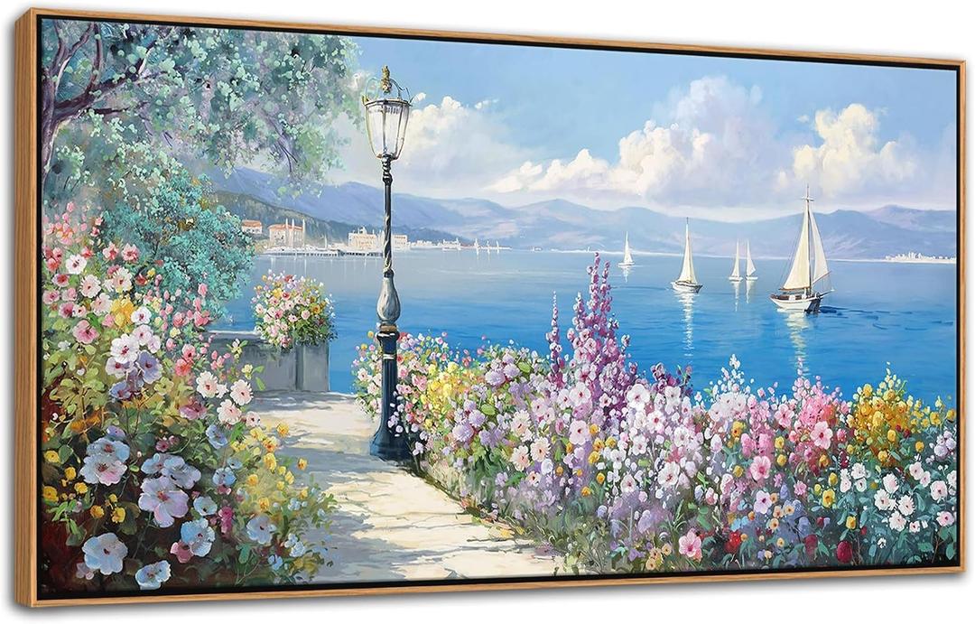 Blue Coastal Wall Art Ocean Canvas Flowers Painting Landscape Sailboat Picture White Yellow Artwork Modern Seascape Large Framed for Living Room Bedroom Home Office Decor Size 29x58 Inches