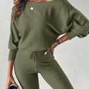 CHICME 2 Piece Lounge Outfit Long Sleeve Knit Pullover Tops Drawstring Pants Set Tracksuit Sweatsuit (Small, C-army Green)