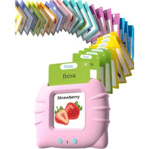 Bilingual Pink Spanish and English Talking Flash Cards, Pocket Speech Therapy Tools with 510 Words, Montessori Language Learning Aids, Children's Sensory Learning Kits