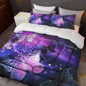 Sunnycitron 3D Purple Butterfly Bedding Queen Comforter Set Dreamy Butterfly Comforter Set for Girls Neon Butterflies Purple Bed Comforter (1 Comforter + 2 Pillowcases),Easy-Wash Fade Resistant (Queen(90"x90"))