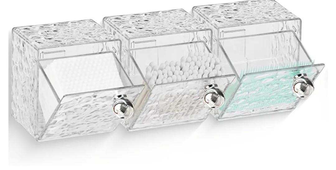 Qtip Holder Dispenser, 3 Pack Wall Mounted Plastic Cotton Pad Holder, Cotton Ball, Swabs, Floss, Makeup Organizers Containers for Vanity Bathroom