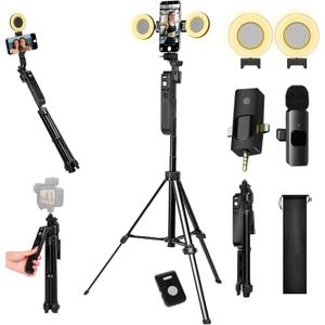 Vlogging Kit for iPhone/Andriod,70.9 Auto Face Tracking Tipod,360 Rotatable Selfie Stick Tripod, Content Creator Essentials, Yutube Starter Kit, Gesture Control w/Remote/Mic/Light