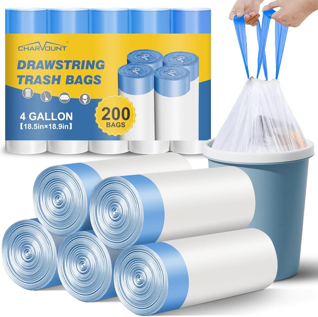 Charmount Small Trash Bags 4 Gallon, 200 Count Drawstring Mini Garbage Bags, Plastic Trash Can Liners for Bathroom Accessories, Bedroom, Dorm Room Essentials, Office
