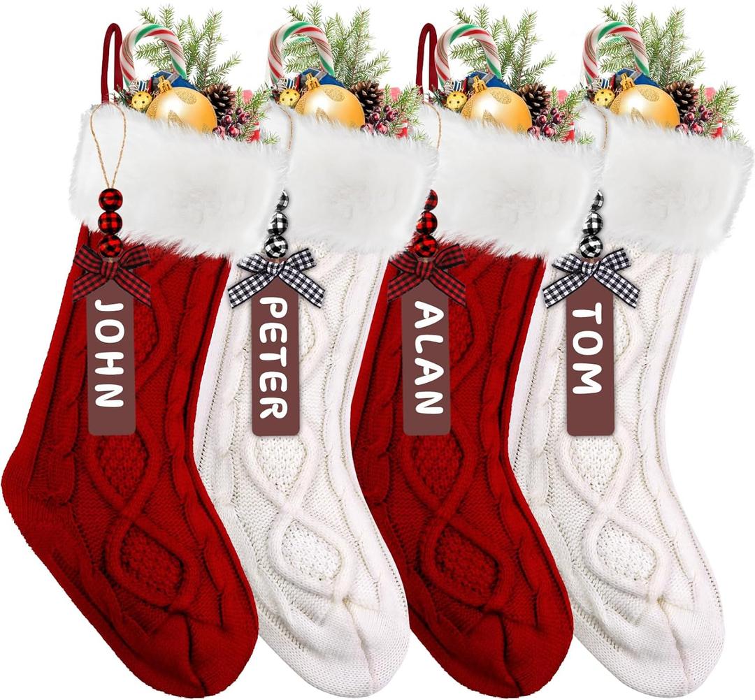 XIMISHOP 4PACK Christmas Stockings,18Inches Large Cable Knitted Stocking Personalized Xmas Hanging Stocking Decorations with Name Tags for Holiday Christmas Party Family Decor(Red White)