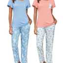 Ekouaer 2 Pack Womens Pajama Sets Short Sleeve Womens Pj Sets Pants and Top Sleepwear Floral Printed Soft Loungewear Sets with Pockets M