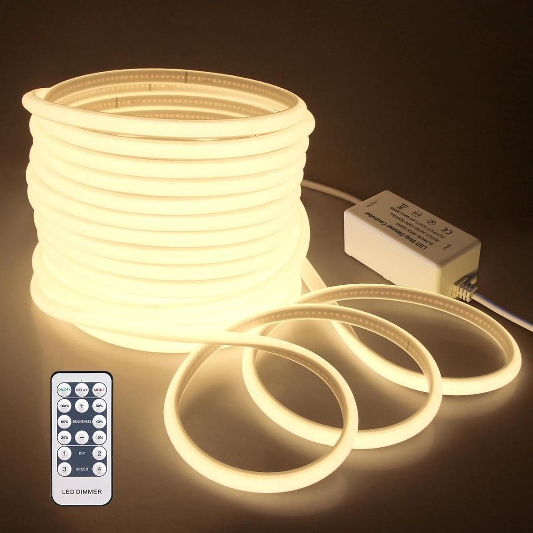 65.6FT COB Led Strip Lights Outdoor Waterproof 20M Dimmable LED Rope Light with Remote AC 110V~120V Cuttable Flexible COB Light Strip Warm White 3000K for Garden Building Commerical Decor