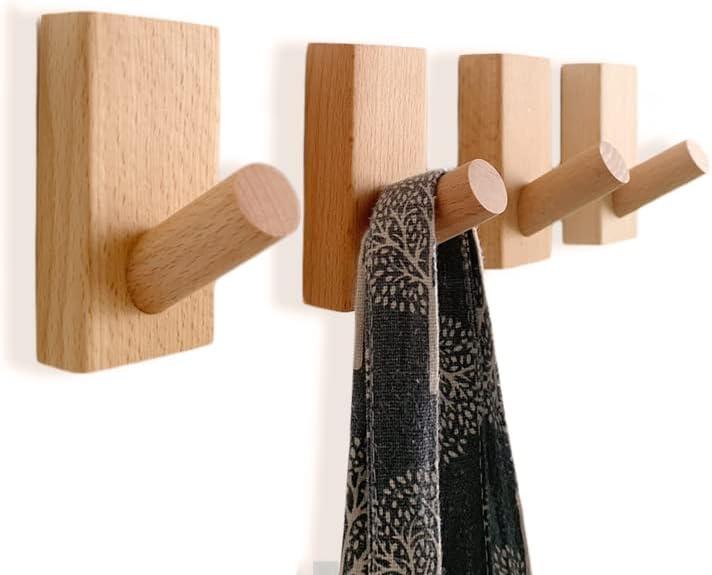 Wood Pack of 4 Decorative Wall Hooks for Hanging Coats - Perfect Backpack Hanger, Hat Hooks for Wall - Each Heavy Duty Holds 6lbs-33lbs (Beech, 4Pack) (Beige)