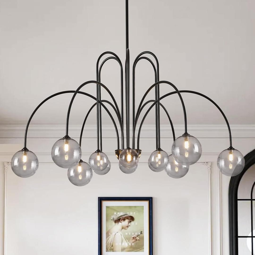 Modern 52" 12-Light Black Sputnik Chandelier with Smoke Glass Globe
