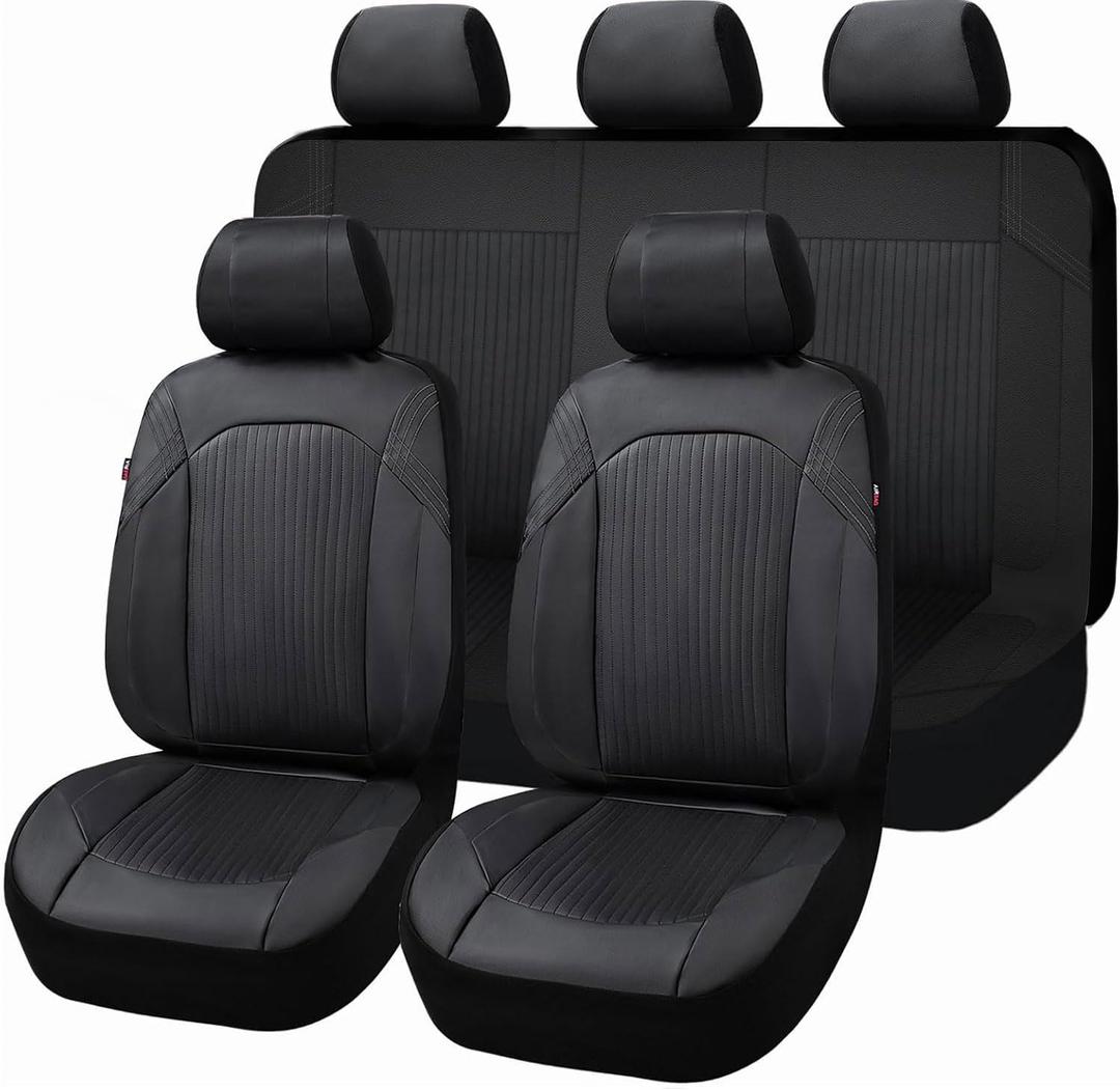 Flying Banner Synthetic Leather car seat Covers Full Set Front and Rear Bench Fashion Easy Installation Cup Holder Free (Solid Black, Low Bucket - Full Set)