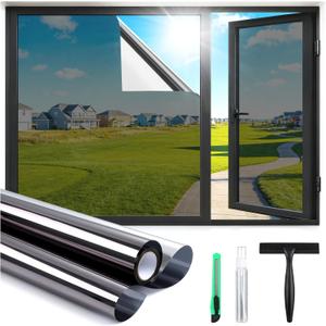 Haton One Way Window Privacy Film, Window Tint for Home with Tools, Static Cling Removable, UV Sun Heat Blocking Reflective Mirror Film, See Out Not in, Black-Silver, 35.4 by 78.7 inch