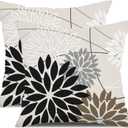 Black Brown Outdoor Pillow Covers 16x16 Inch Set of 2 White Gray Flower Throw Pillows Farmhouse Outdoor Modern Floral Polyester Square Cushion Case Decor for Sofa Patio Funiture Garden 01A16