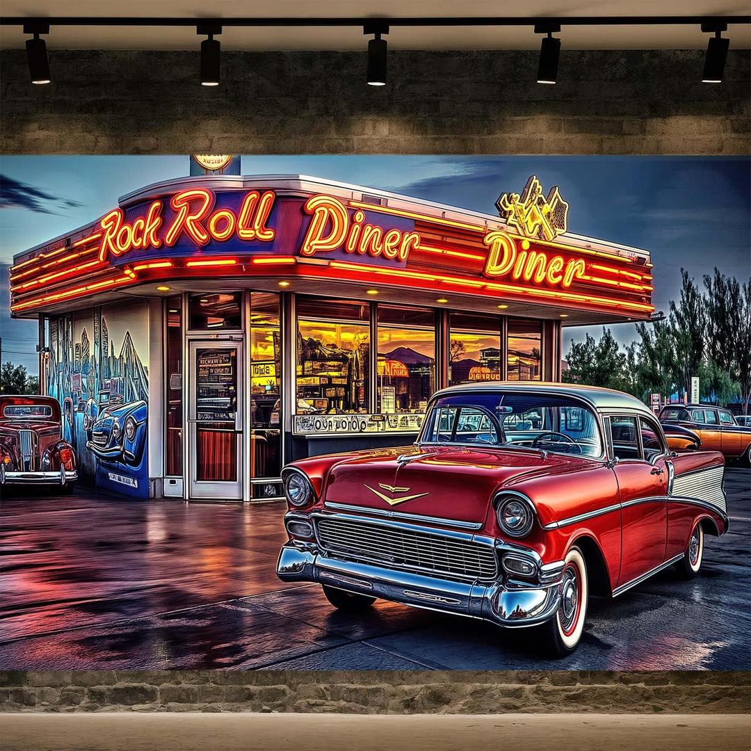 10X8ft Vintage 50's Rock Roll Diner Backdrop 1950s Retro Car Nostalgia Background for Photography Car Theme Party Portrait Photo Booth Studio Props (Multi1)