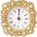 Silent Mini Vintage Analog Table Clock with Faux Pearls Metal Body and Battery Operated Non-Ticking Core for Shelf, Bedroom, Bedside, Desk, Gift Clock