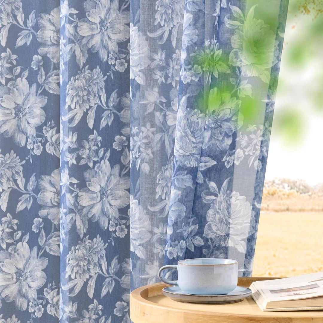 Blue Floral Sheer Curtains 84 Inches Long for Bedroom Modern Leisure Light Filtering Federal Blue Flower Print Sheer Curtains for Living Room Cottage Rod Pocket Window Drapes, 2 Panels Set, 52x84