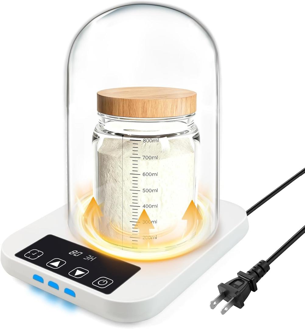 Sourdough Starter Warmer with Glass Dome, 1F Precise Temperature Control from 70 to 100F, 0-12H Timer Auto Warming ON/Off, Sour Dough Heating Mat and Glass Cover Set for Baking Fermentation