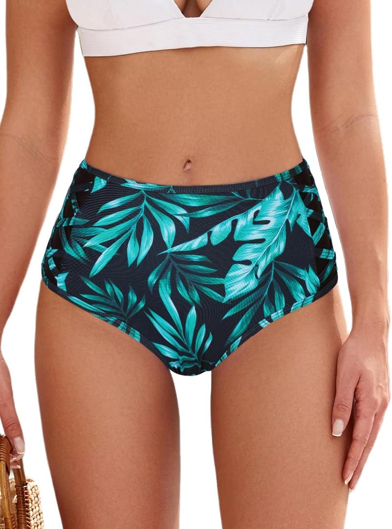 ZAFUL Women High Waist Bikini Bottom Side Mesh Spliced Tankini Swimsuit Swim Briefs Bathing Suit Bottom (Medium, Blue Leaf)