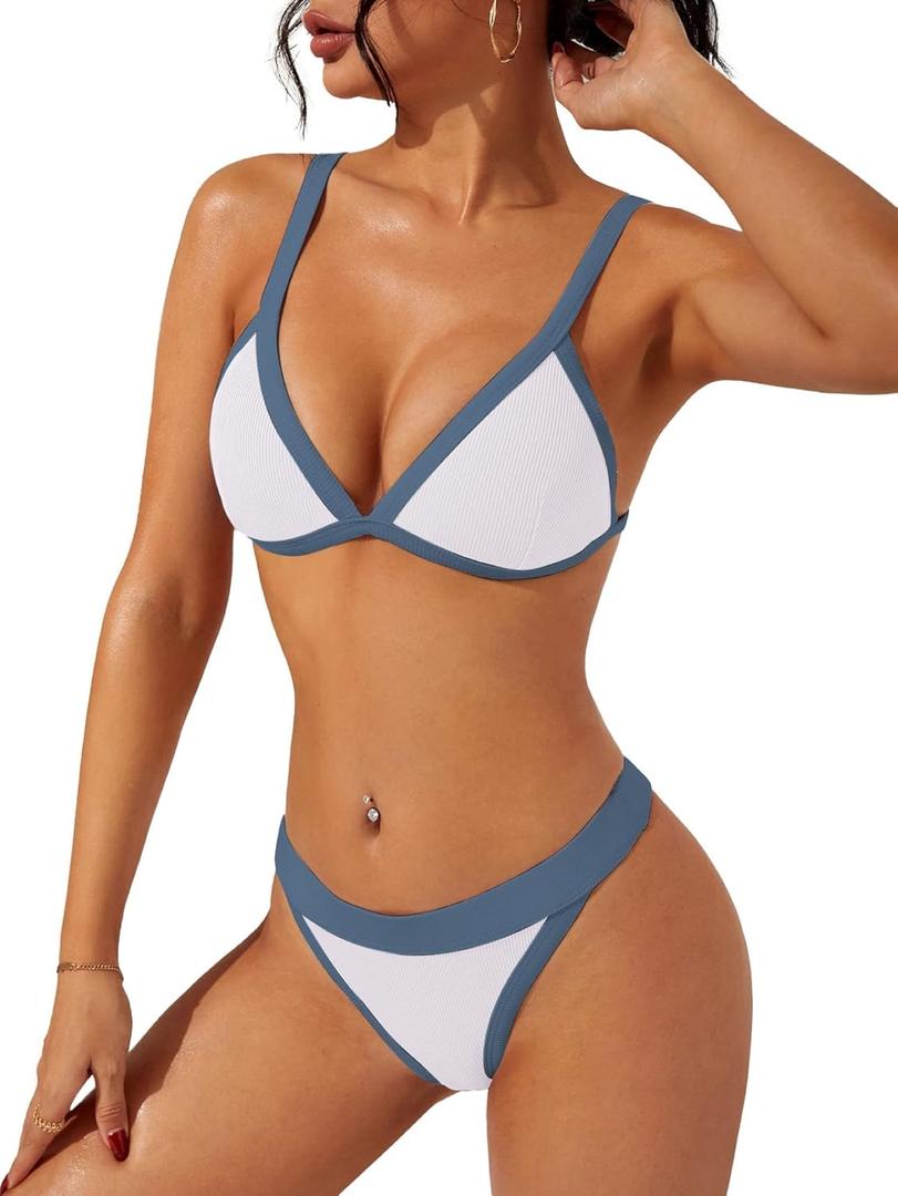 swimall Women's Triangle Bikini Set Sexy Brazilian Sporty Two Piece Swimsuit Cute Bathing Suit (White), S