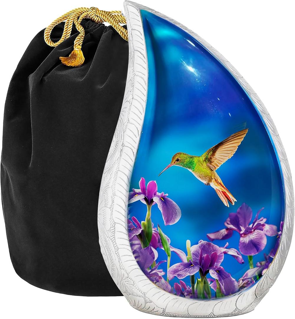 Trupoint Memorials Cremation Urns for Human Ashes Adult Female, Decorative Burial Urn for Men & Women  Large, Blue Hummingbird Teardrop