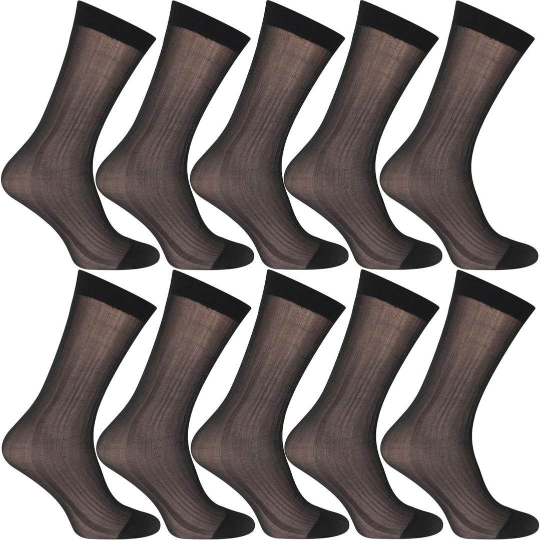 Uaussi 10 Pairs Mens Ultra Thin Dress Socks Silk Sheer Business Socks Soft Nylon Work Trouser Sox Mid Calf (One Size, Black)
