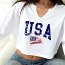 Women's USA Flag Sweatshirts Long Sleeve Crop Graphic Sweatshirts Cute V Neck Shirts Tops(White1,XL) (White, XL)