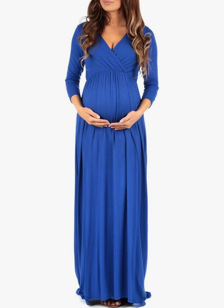 Mother Bee Maternity V-Neck 3/4 Sleeve Ruched Waist Dress Size Medium