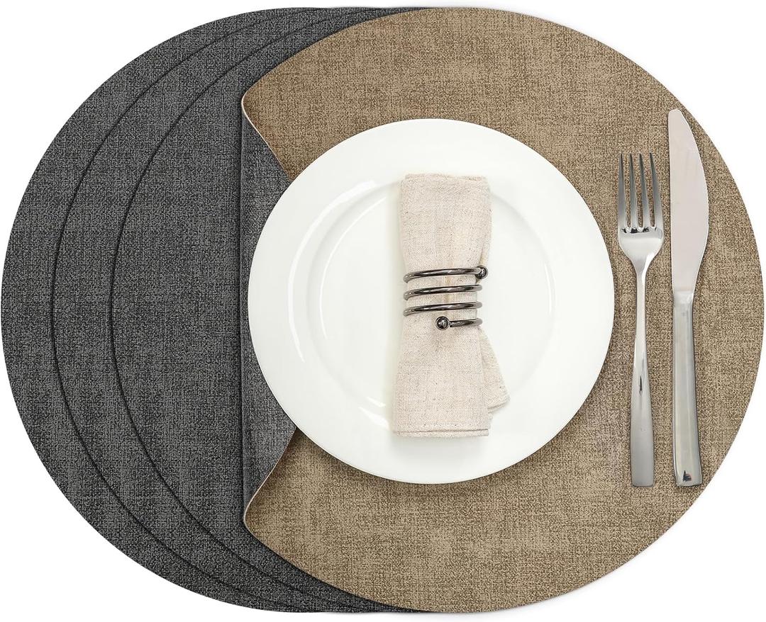 Myir JUN Round Dual-Sided Placemats, Faux Leather Set of 4 for Indoor and Outdoor Dining Tables, Non-Slip Washable Table Mats (Gray Beige)