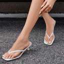 Mindeeryy Thong Sandals Kitten Heels Square Toe Flip Flops Slip On Heels for Women Kitten Heel Sandals Low Heel 2.4 Inch for Casual White, Size 7.5
