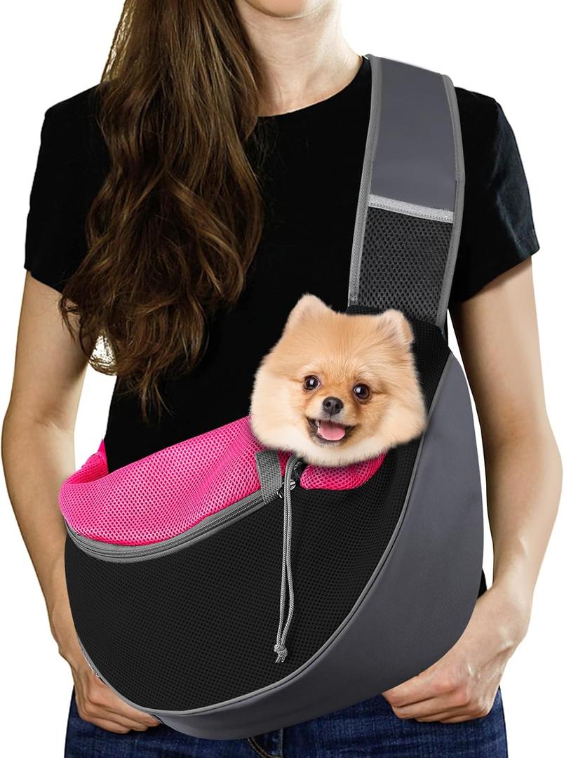 Pawaboo Dog Sling Carrier, Hand Free Breathable Mesh Bag for Puppy Cat, Drawstring Dog Papoose with Adjustable Strap and Pocket, Crossbody Satchel Dogs Purse for Outdoor Travel, L, Magenta