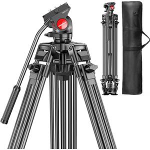 74" Video-Tripod-with-Fluild-Head, Professional Aluminum Heavy Duty Film Tripod Stand for Canon Nikon DSLR/SLR Camera Camcorder Telescope Bnoculars (Weight 9.1 lbs, Max Load 20 lbs)