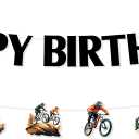 Mountain Bike Birthday Banners, BMX Bicycle Birthday Decorations for Teens Adults, Sports Racing Bikes Theme Party Supplies Pre-strung