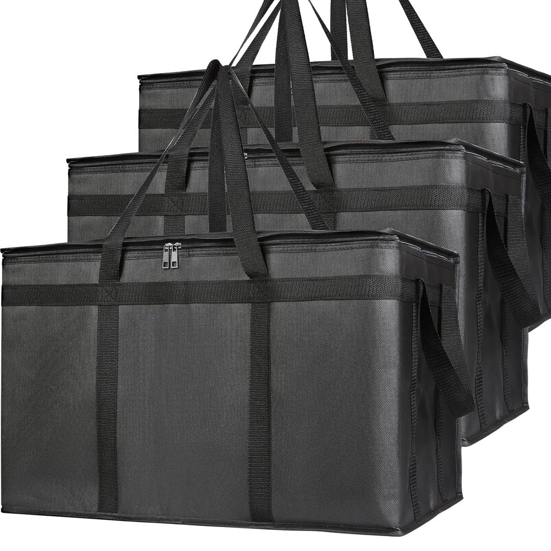 Bodaon 3-Pack Insulated Food Delivery Bag, XXXL Pizza Cooler Bags, Rideshare Delivery Bag, Thermal Cold/Hot Styrofoam Carrier for Catering/Shopping/Travel/Car, Warmer/Frozen (XXX-Large (without Hard Bottom), Black)