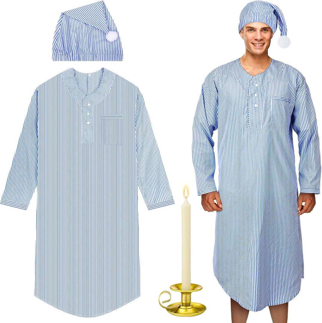 Toulite 4 Pcs Men's Pajama Set Includes Men's Nightshirt Night Sleeping Cap Candle Holder and Candle for Halloween Christmas(X-Large)