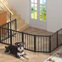 Snuowu 16" Freestanding Short Dog Gate for Small Dogs – Foldable & Retractable, Expands Up to 96" Wide, 8-Panel Pet Barrier for Doorways, Stairs & Hallways (Black)