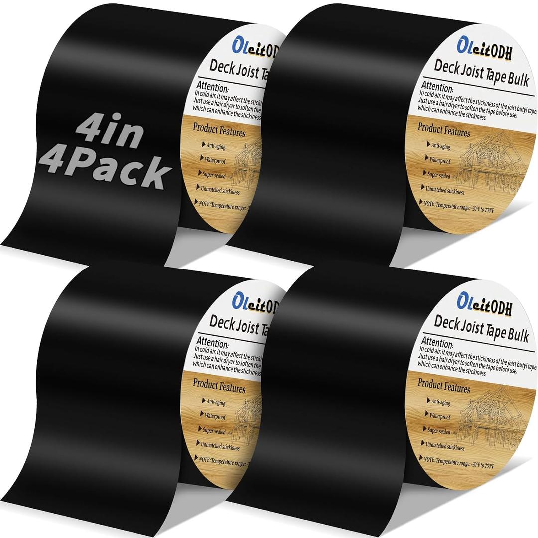 4 Rolls Butyl Joist Tape for decking, 4 Inch x 50 Feet Weatherproof Butyl Sealant Deck Tape Joist-Beam Deck Joist Tape Bulk for Wood Joists Decks Beams Roof (Black-PVC)