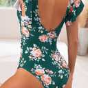 B2prity One Piece Swimsuits for Women Ruffle Sleeve V Neck Bathing Suit Tummy Control Cutout Monokini Slimming Swimwear (Green, XXL)
