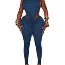 Navy Blue Sexy 2 Piece Sets for Women Sleeveless Hollow Out Bodysuit Top Bodycon Ruched Leggings Set Jumpsuit Club Outfits (Blue)