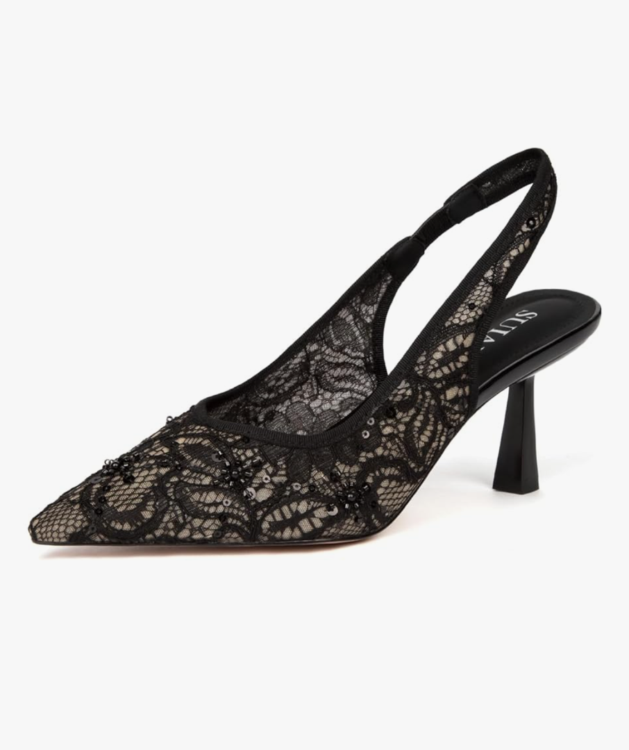 Slingback Wedding Heels for Women Bridal Lace Mesh Kitten Heel Closed Pointed Toe Pearl Pumps Shoes 8.5