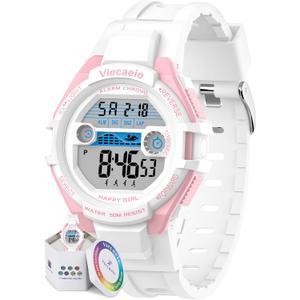 Kids Digital Watch for Boys Girls, Waterproof LED Colorful Lights Sports Watch Suitable for 5-17 Years Old Teenagers (with Gift Box) (B-white/pink)