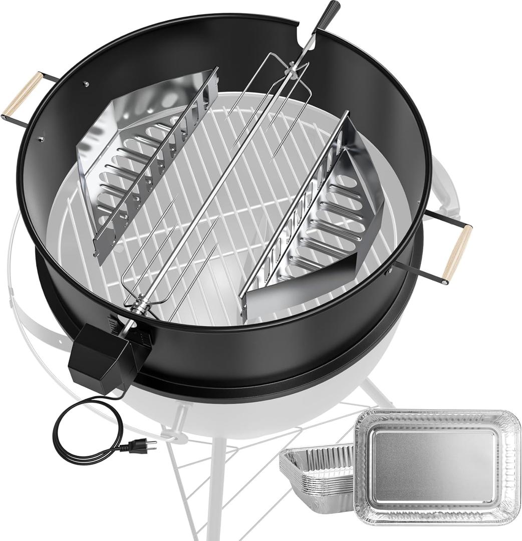 Upgraded Rotisserie Kit for Weber 22 inch Kettle Charcoal Grills Accessories, Rotisserie Grill Kit for Weber & Other Similar Size Grills, with Handles, Charcoal Baskets,10 Pcs Drip Pans, Black