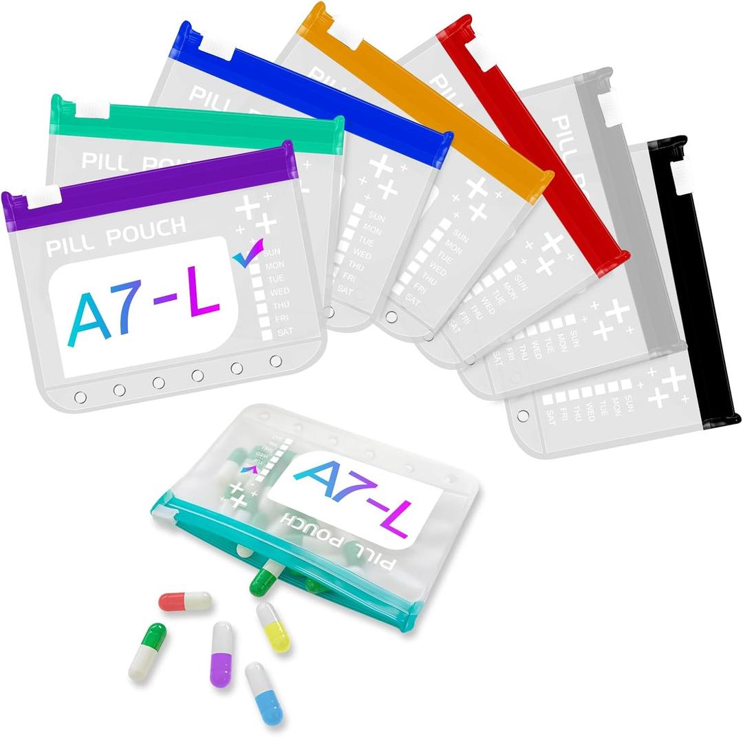 The A7-L Reusable Pill Pouches Set is Designed to fit the A7 Binder. Zippered Pill Organizers Weekly, Travel Pill Container, Reusable Zipper Pouches, Color-Coded Medicine Pouches