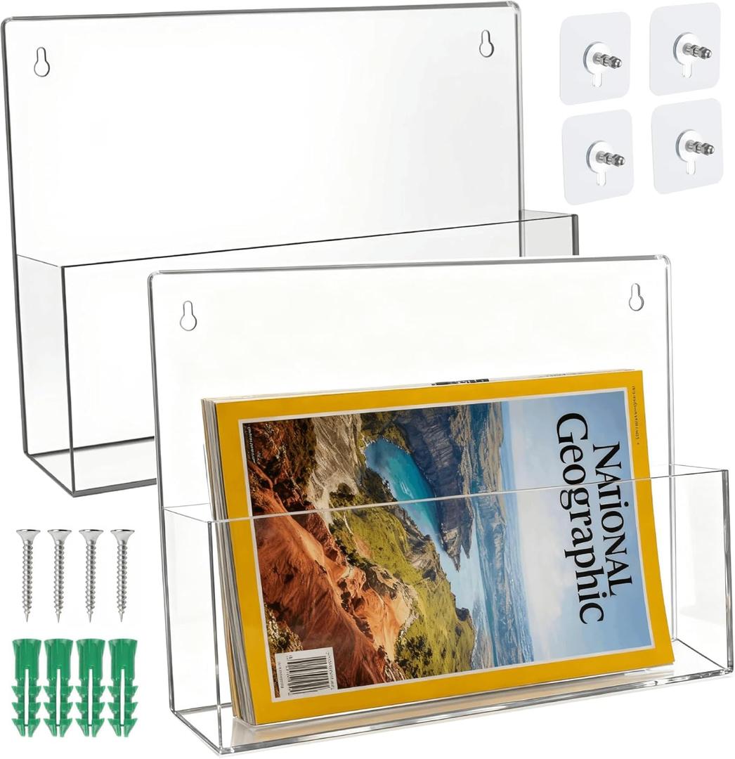 Clear Acrylic Single Pocket Wall Mount File Holders, Self-Adhesive Plastic Document Organizer for Office and Home, Suitable for Legal Size Papers, Brochures, Magazines, and Literature Display, 2 Pack