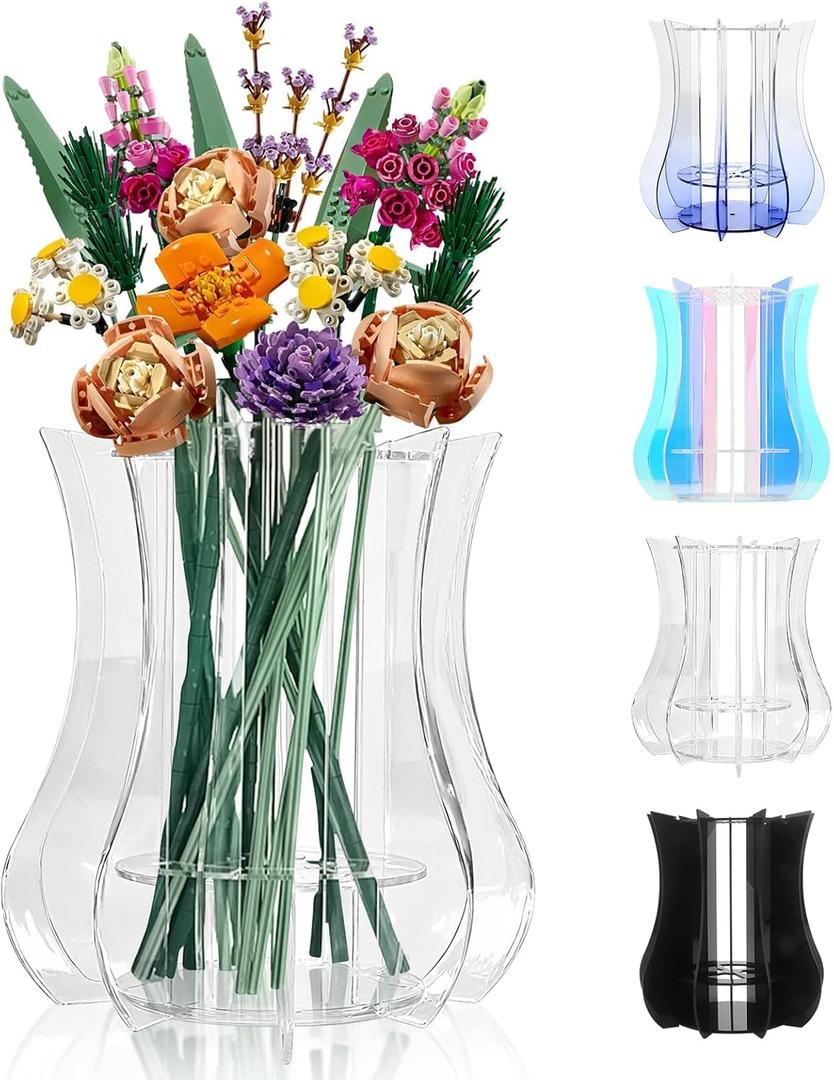 Vase for Lego Flowers Bouquet Upgraded, Acrylic Display Holder Compatible with Lego Botanical Collections Roses Sunflowers, for Lego Flower Building Set Lovers, Crystal Clear
