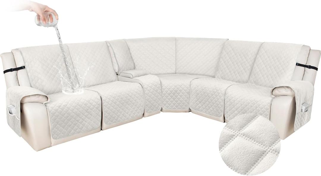 HDCAXKJ 100% Waterproof Velvet Recliner Sectional Couch Covers L Shaped Corner Reclining Sofa Cover Washable Thick Non Slip Sectional Slipcover with Pockets (5 Seat and 1 Middle Console, Ivory)